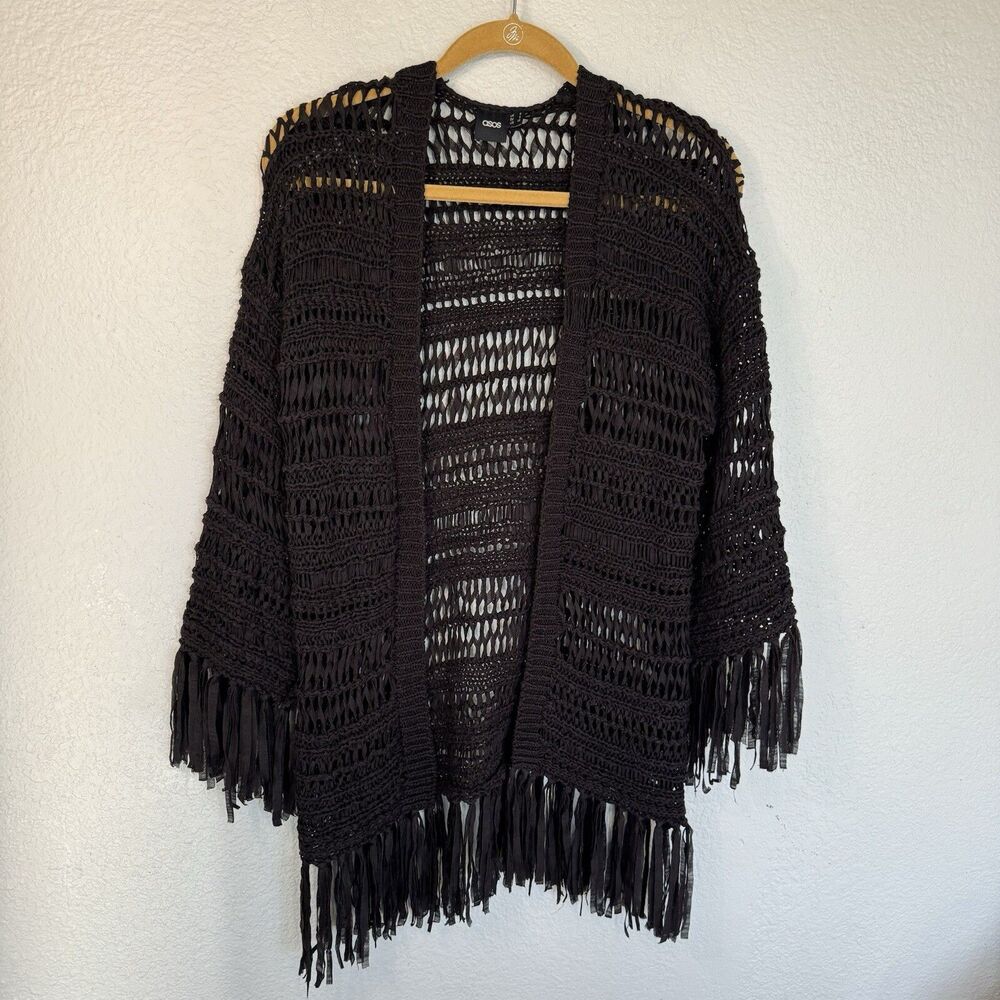 ASOS Crochet Cardigan Black Fringe Kimono Oversized Western Festival Women XS
